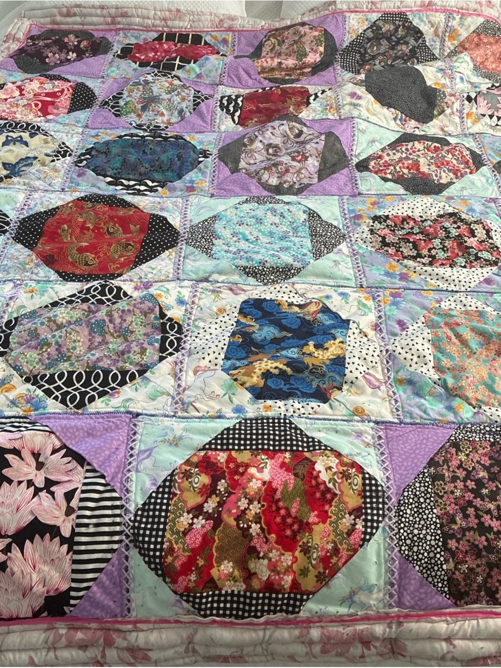 Handmade Reversible Twin Throw Blanket 58x68 Cathedral Window Star Quilt